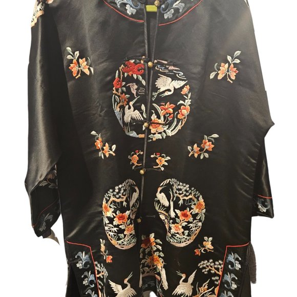 Silk Embroidered Black Floral Birds Jacket 3/4 Sleeve Side Slits DUNHUANG XL - Picture 2 of 7